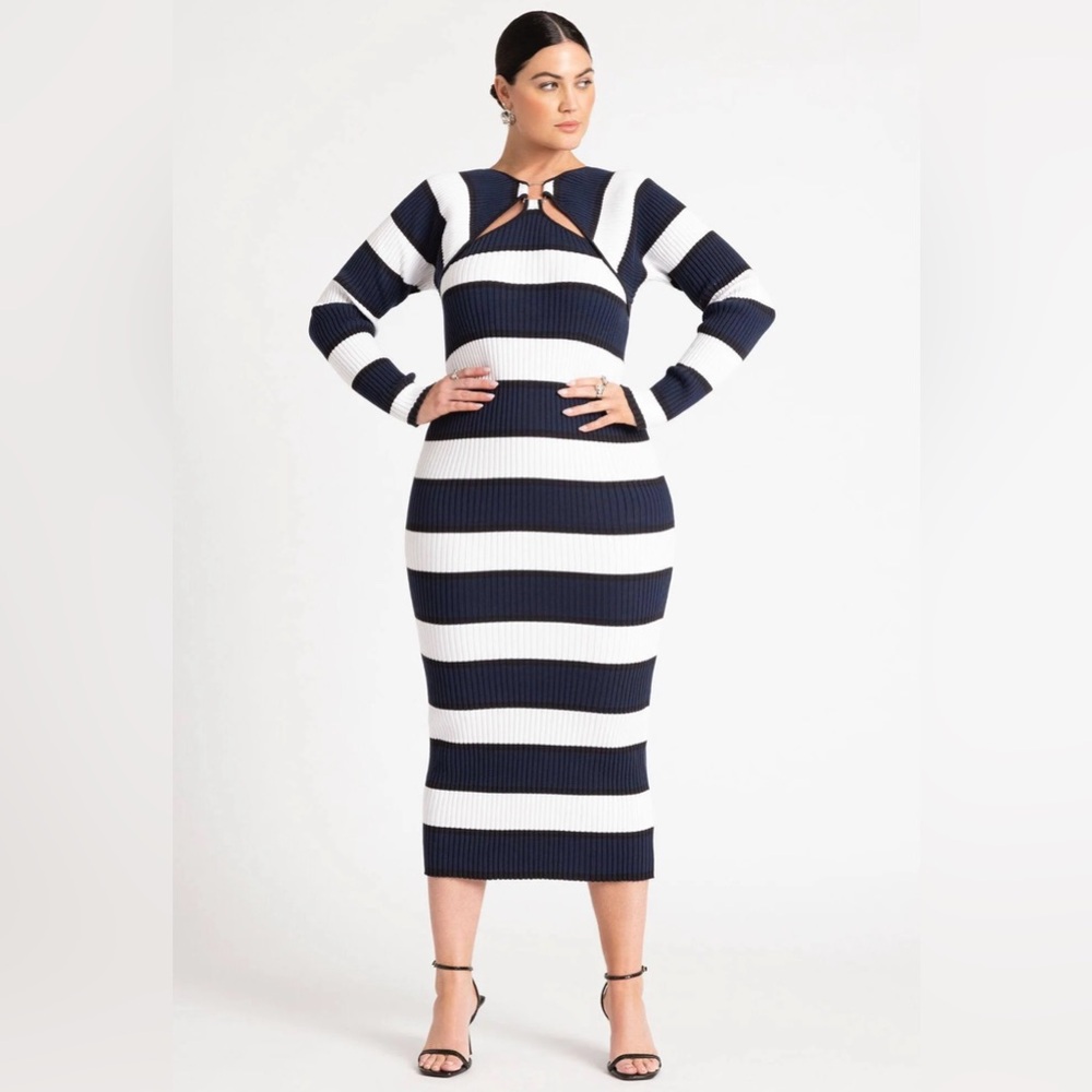 NWT Eloquii Navy White Black Stripe Ribbed Sweater Midi Dress 18/20 Curve